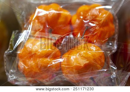 Dummy Of An Pumpkin From A Foam Plastic In Packaging. Fake Pumpkin For Advertising. Moulage. Macro P