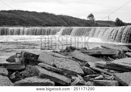 Small Waterfall On Tosna River In Leningrad Region, Russia. Black And White.