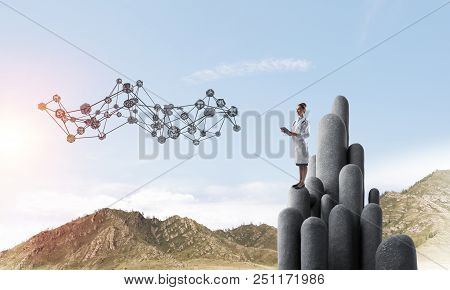Young Female Doctor With Folder In Hands Satnding On Stone Column. 3d Rendering