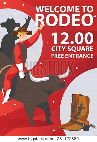 Vertical Rodeo Poster On Red Background. Flat Bull And Man Riding.