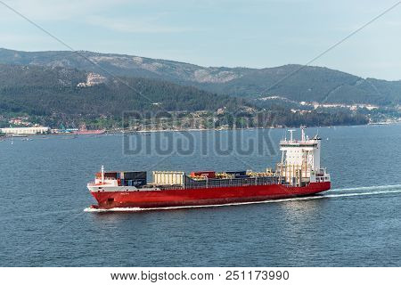 Vigo, Spain - May 20, 2017: Container Ship Ruth Sailing On The Vigo Inlet On Its Way To Vigo, Galici