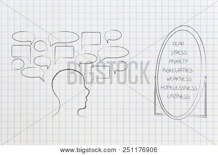 Psychology And The Mind Conceptual Illustration: Person With Empty Comic Bubbles Facing A List Of Hi