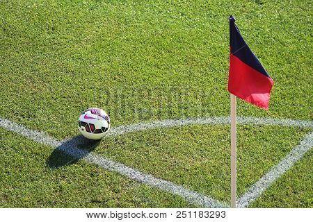 Genoa, Italy, August 6, 2014 - Corner Flag With Ball On A Soccer Field On August 6, 2014 In Genoa, I