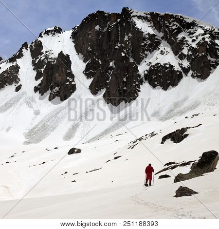 Hiker In Snowy Mountain With Trace From Avalanches At Sun Spring Day. Turkey, Kachkar Mountains, Hig