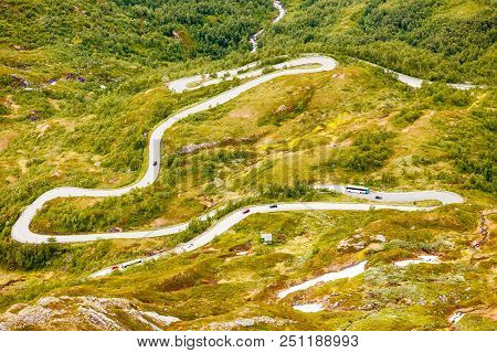 Road Winding From Village Geiranger To Dalsnibba Mountain In More Og Romsdal County, Norway.