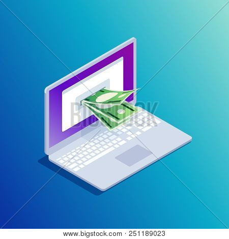 Isometric Concept E-banking. 3d Laptop Issuing Money As An Atm. E-commerce And Mobile Banking. Vecto