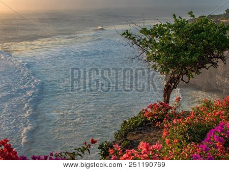Fantastics View Tree And Flowers On A Rock Cliff In Bali Indonesia