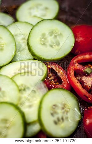 Close Up Of Ingredients An Face Pack Of Raw Fresh Vegetables  On Gothic Surface I.e. Tomato Puree An