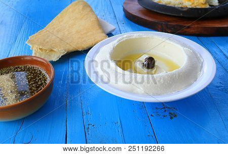 A Table Set Of Different Plates Of A Traditional Lebanese Breakfast.