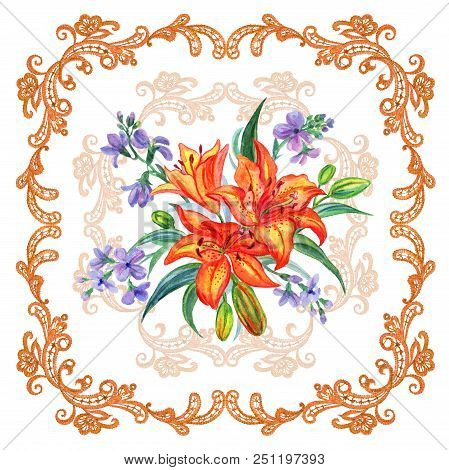 Bouquet Of Orange Lilies And Gillyflowers In A Lace Frame, Watercolor Drawing On A White Background,