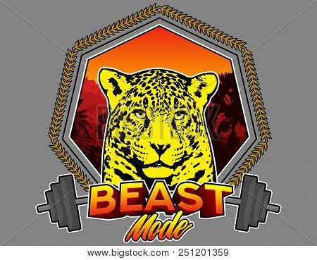 Jaguar Illustration Logo Inside Jungle, Fitness Beast Mode Training, With Grey Background. Ideal For