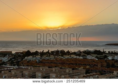 Summer Sunset Seascape On Tropical Island Tenerife, Canary In Spain.