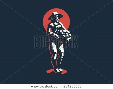 Woman Farmer With Basket Of Vegetables And Fruits. Vector Illustration.