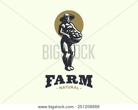 Woman Farmer With Basket Of Vegetables And Fruits. Vector Illustration.