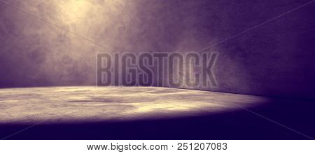 Empty Room And Concrete Floor Background.smoke Or Fog And Spotlight In Dark Space.3d Illustration
