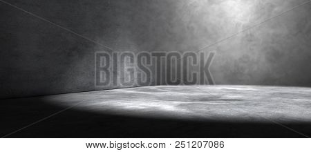 Empty Room And Concrete Floor Background.smoke Or Fog And Spotlight In Dark Space.3d Illustration