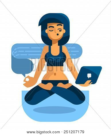 A Woman With A Tablet Is Engaged In Yoga And Reads Messages. Vector Illustration.