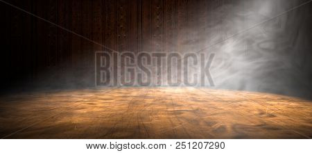 Empty Room And Concrete Floor Background.3d Illustration. Smoke Or Fog And Spotlight In Dark Space