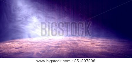 Empty Room And Concrete Floor Background.smoke Or Fog And Spotlight In Dark Space.3d Illustration