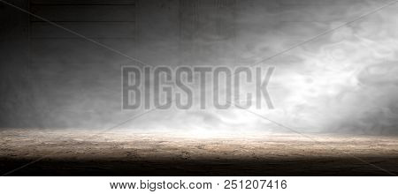 Empty Room And Concrete Floor Background.smoke Or Fog And Spotlight In Dark Space.3d Illustration