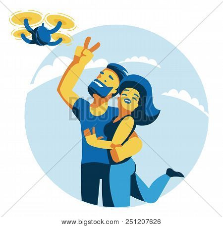 A Man And A Woman Do Selfie With A Quadroopter. Vector Illustration
