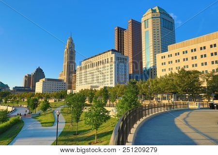The Scioto Mile park in downtown Columbus, Ohio is a popular travel destination in this capital city in the midwest.