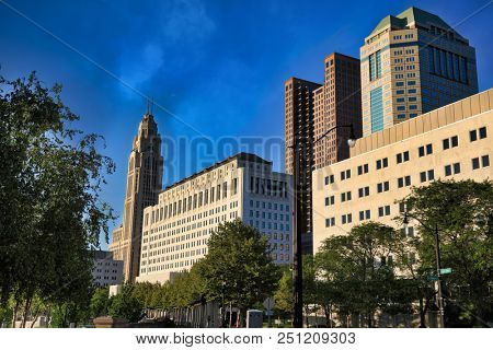 Columbus, Ohio  riverfront along the Scioto River.  The Scioto Mile pathways create a popular park area in the downtown district of the city.
