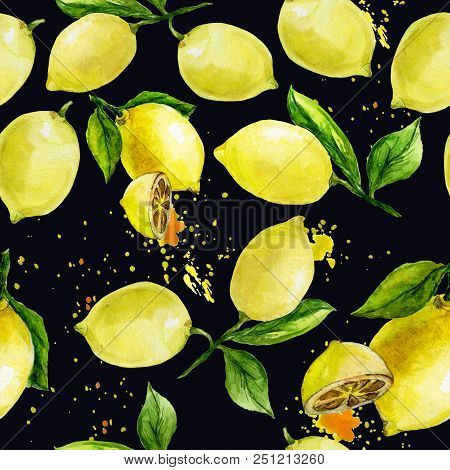 Lemons Pattern Watercolor. Citrus Watercolor Collection. Bright Juicy Lemons On A Dark Background.