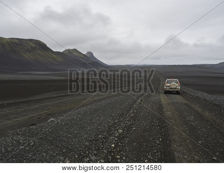 South Iceland, Nature Reserve Fjallabak, July 4, 2018: Off Road Car Toyota Landcruiser Driving On Di
