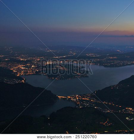 Lucerne And Lake Vierwaldstattersee By Night. View From Mount Stanserhorn.