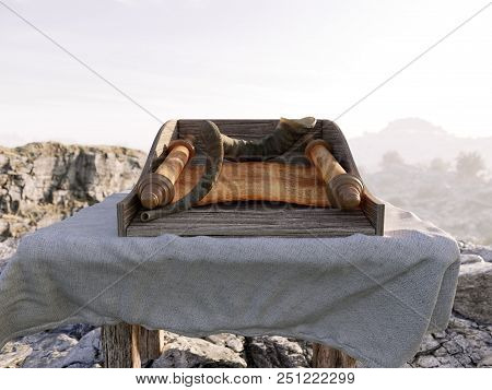 Jewish Holiday Background With Old Scroll Of Tora And Landscape Concept Photo