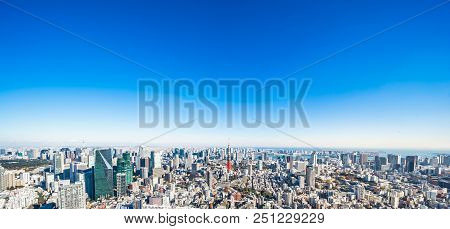 Panoramic Modern City Skyline Aerial View Under Blue Sky In Tokyo, Japan