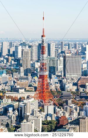Panoramic Modern City Skyline Aerial View Under Blue Sky In Tokyo, Japan