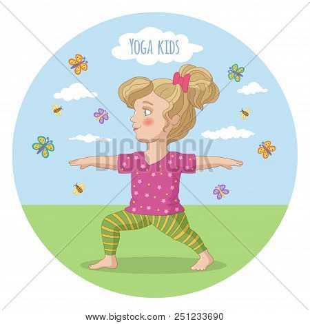 Girl Performing Yoga. Virabhadrasana. Vector Illustration For Yoga Studio