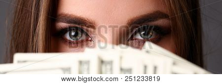 Beautiful European Woman Portrait. Scattering Money Notes Dollars In Fashion Vows Style  Curly Hair 