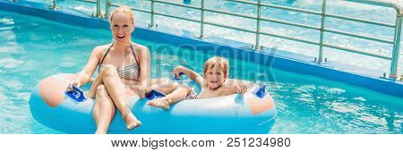 Mom And Son Have Fun At The Water Park. Banner, Long Format