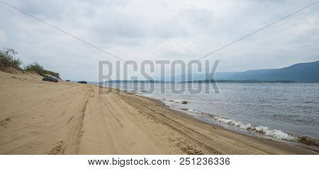 Panoramic View Of The Zhiguli Mountains From The Peninsula Kopylovo. Cloudy Day 21 July 2018.
