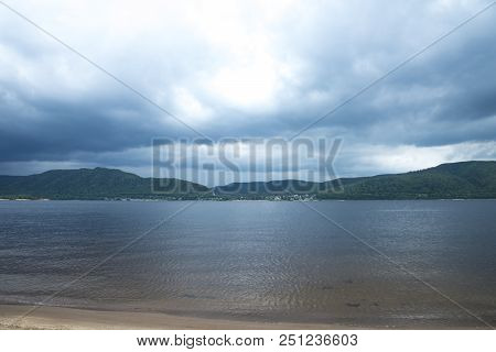 Panoramic View Of The Zhiguli Mountains From The Peninsula Kopylovo. Cloudy Day 21 July 2018.