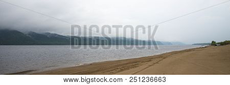Panoramic View Of The Zhiguli Mountains From The Peninsula Kopylovo. Cloudy Day 21 July 2018.