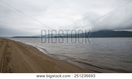Panoramic View Of The Zhiguli Mountains From The Peninsula Kopylovo. Cloudy Day 21 July 2018.