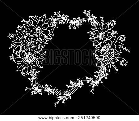 Ecorative Frame Composition With, Flowers, Ornate Elements In Doodle Style. Floral, Ornate, Decorati