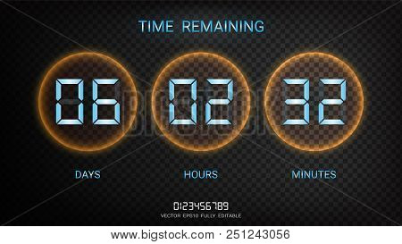 Countdown Timer Remaining Or Clock Counter Scoreboard With Days, Hours And Minutes Display, Neon Glo
