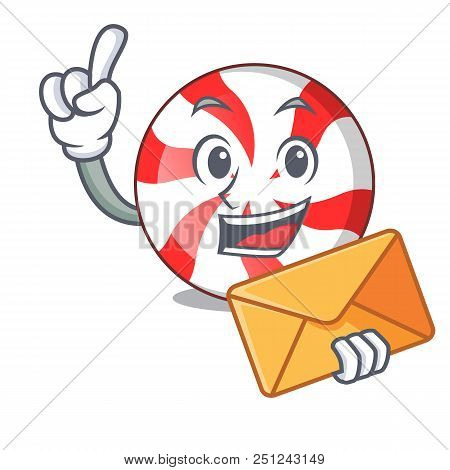 With Envelope Peppermint Candy Character Cartoon Vector Illustration