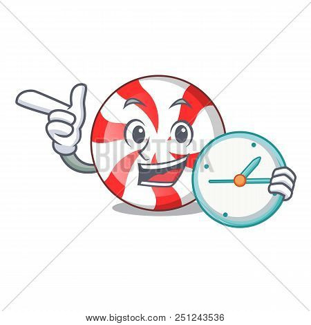 With Clock Peppermint Candy Character Cartoon Vector Illustration