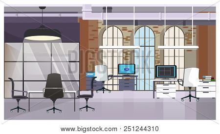 Loft Interior With Brick Wall And Windows Vector Illustration. Modern Computers On Tables And Confer