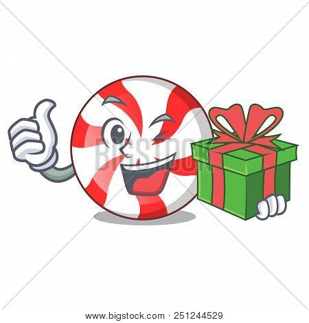 With Gift Peppermint Candy Mascot Cartoon Vector Illustration