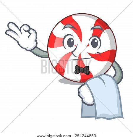 Waiter Peppermint Candy Mascot Cartoon Vector Illustration