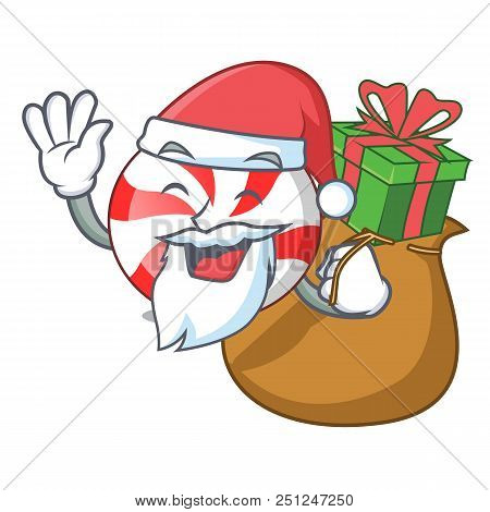 Santa With Gift Peppermint Candy Mascot Cartoon Vector Illustration