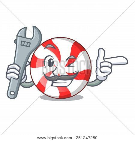 Mechanic Peppermint Candy Mascot Cartoon Vector Illustration