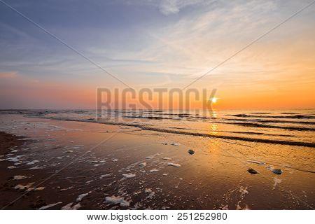 Kijkduin Beach At Sunset  In The Hague, Holland, Netherlands